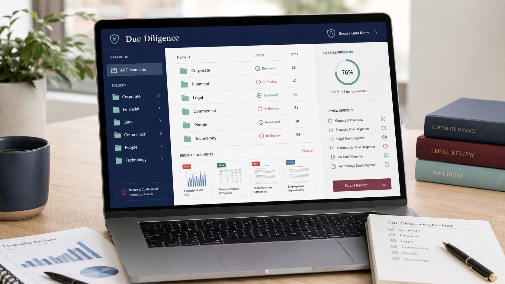 A secure virtual data room dashboard showing due diligence document categories and review progress